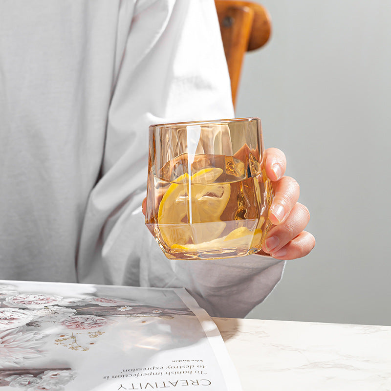 Amber Hexagonal Glass Cups | Elegant Design with Unique Shape | Perfect for Juices and Beverages