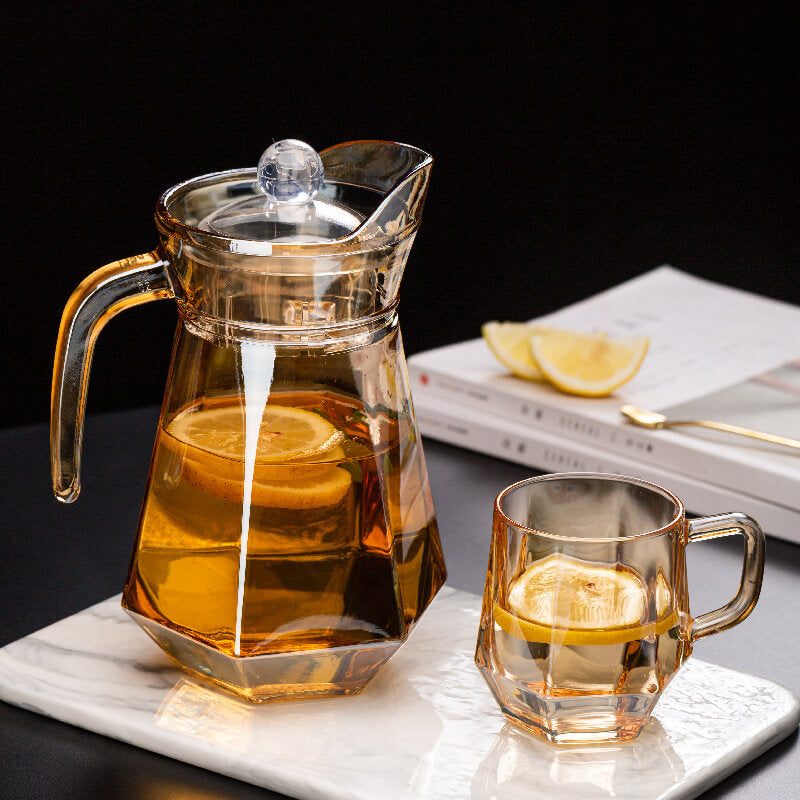Amber Hexagonal Glass Cups | Elegant Design with Unique Shape | Perfect for Juices and Beverages