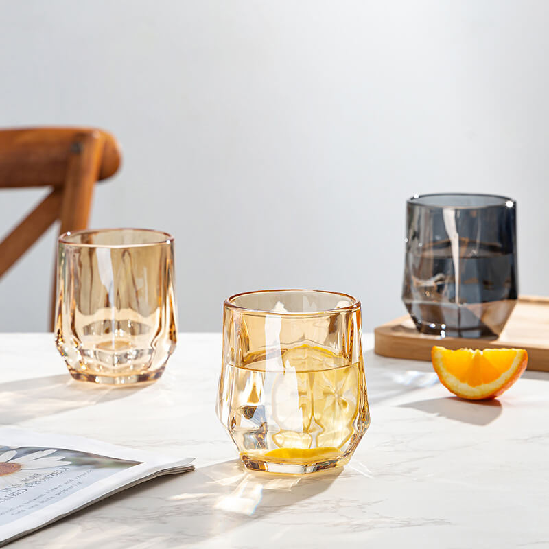 Amber Hexagonal Glass Cups | Elegant Design with Unique Shape | Perfect for Juices and Beverages