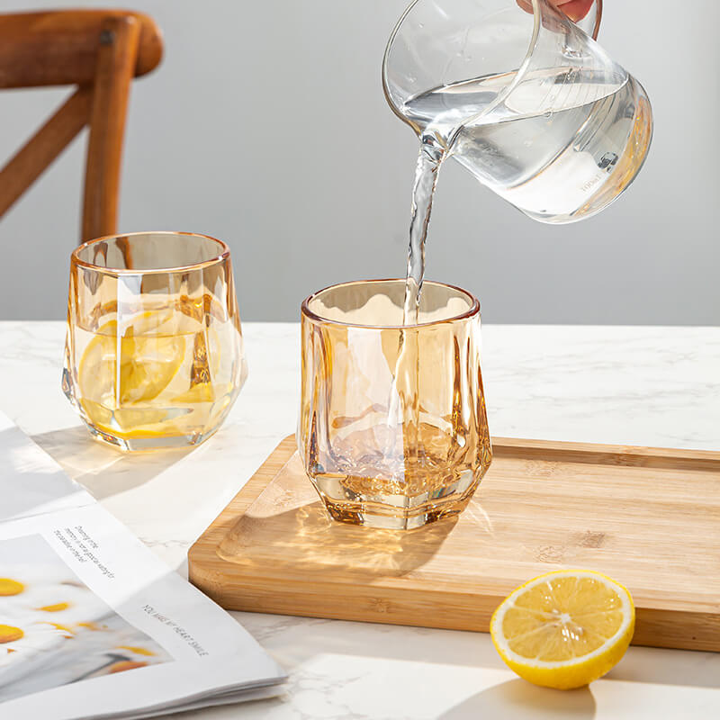 Amber Hexagonal Glass Cups | Elegant Design with Unique Shape | Perfect for Juices and Beverages