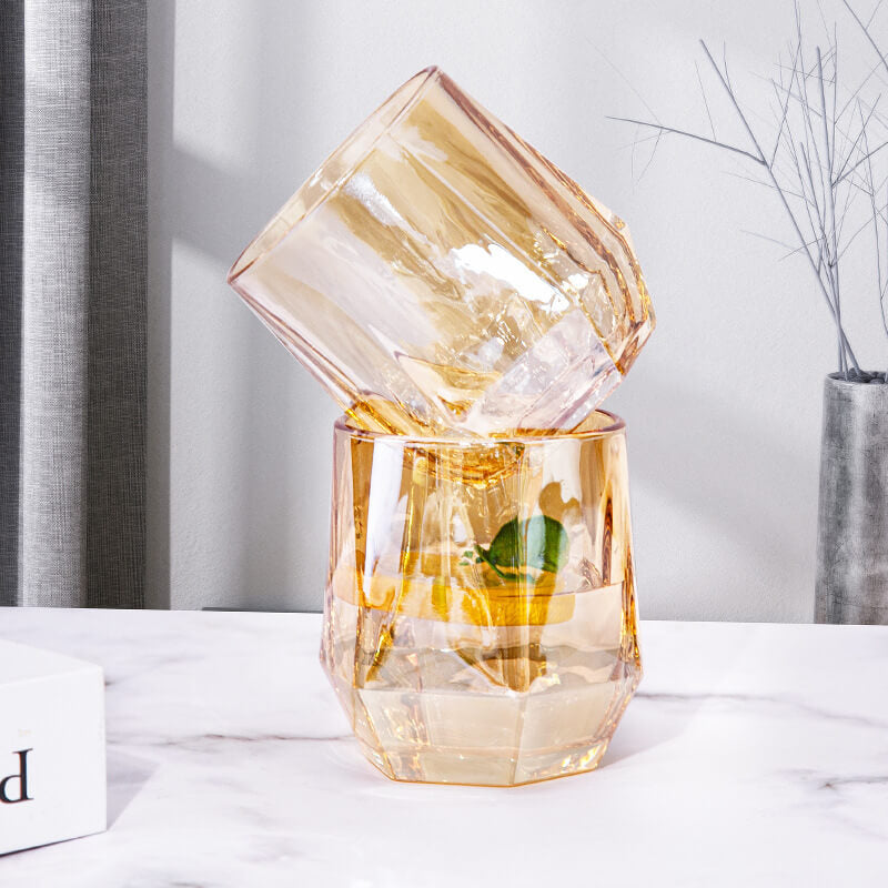 Amber Hexagonal Glass Cups | Elegant Design with Unique Shape | Perfect for Juices and Beverages