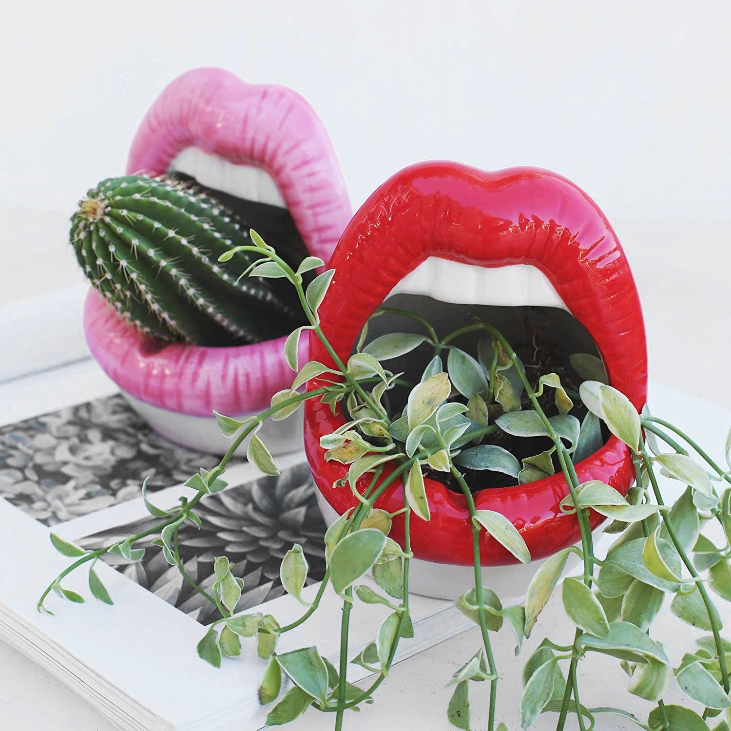 Chic Planters | Lip-Shaped Flower Pot with Shiny Ceramic Finish | Unique Indoor Decor for Succulents and Herbs