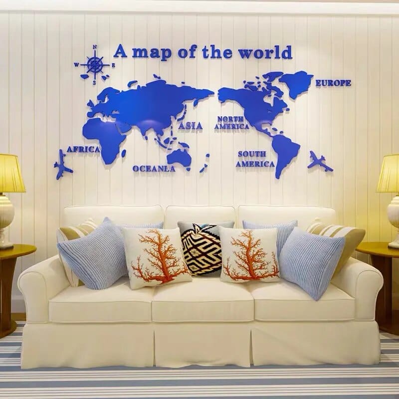 Creative Decor | 3D World Map Wall Decals with Premium Acrylic Finish | Unique Home Decoration for Stunning Interiors