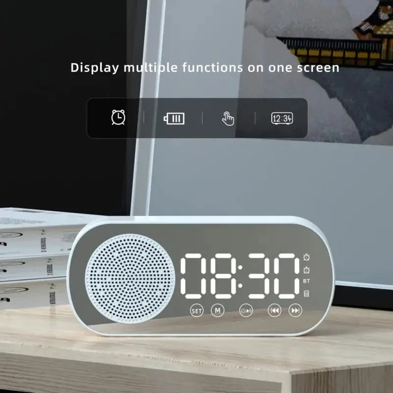 Digital Alarm Clock with Bluetooth Speaker & FM Radio | Stylish LED Mirror Design for Modern Spaces