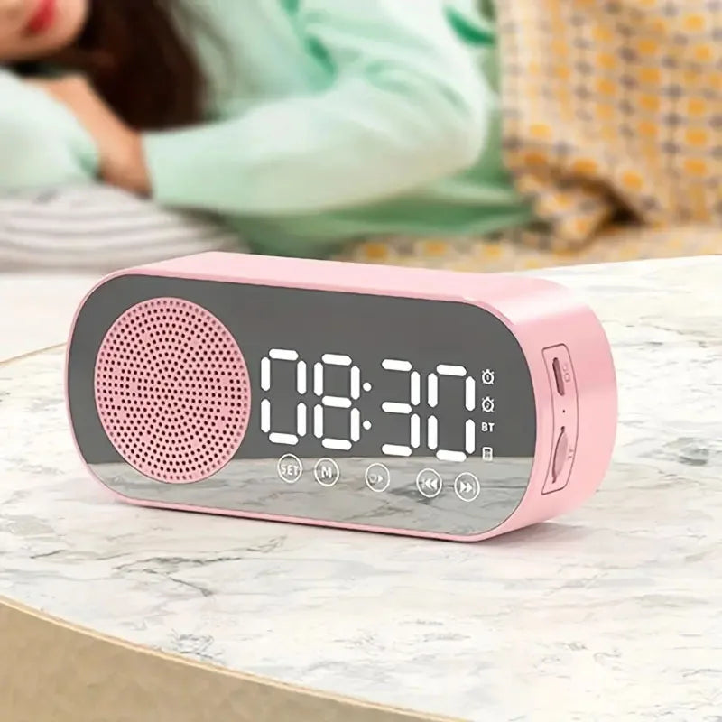 Digital Alarm Clock with Bluetooth Speaker & FM Radio | Stylish LED Mirror Design for Modern Spaces