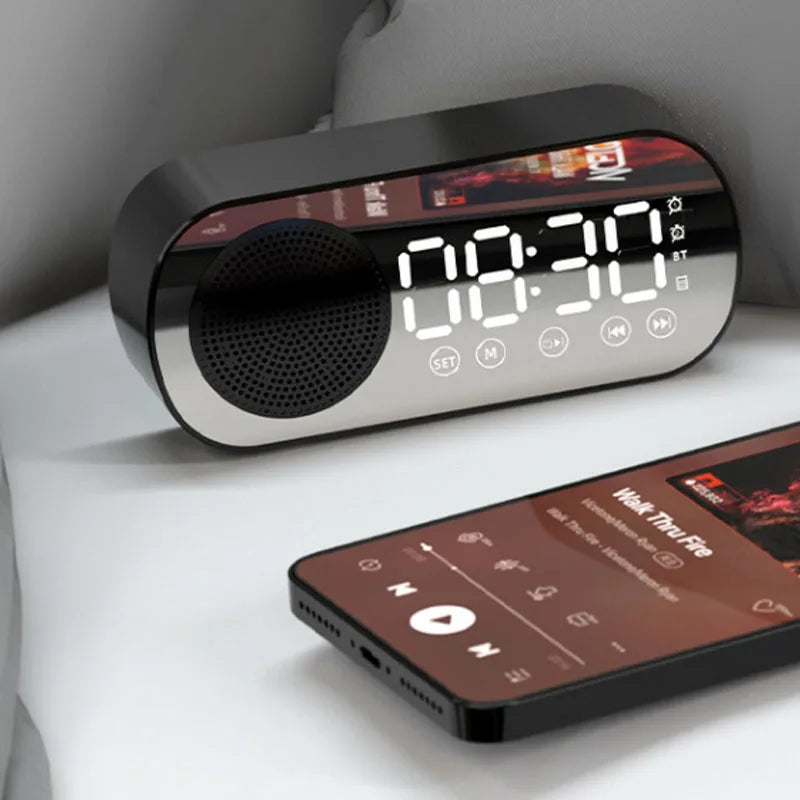 Digital Alarm Clock with Bluetooth Speaker & FM Radio | Stylish LED Mirror Design for Modern Spaces
