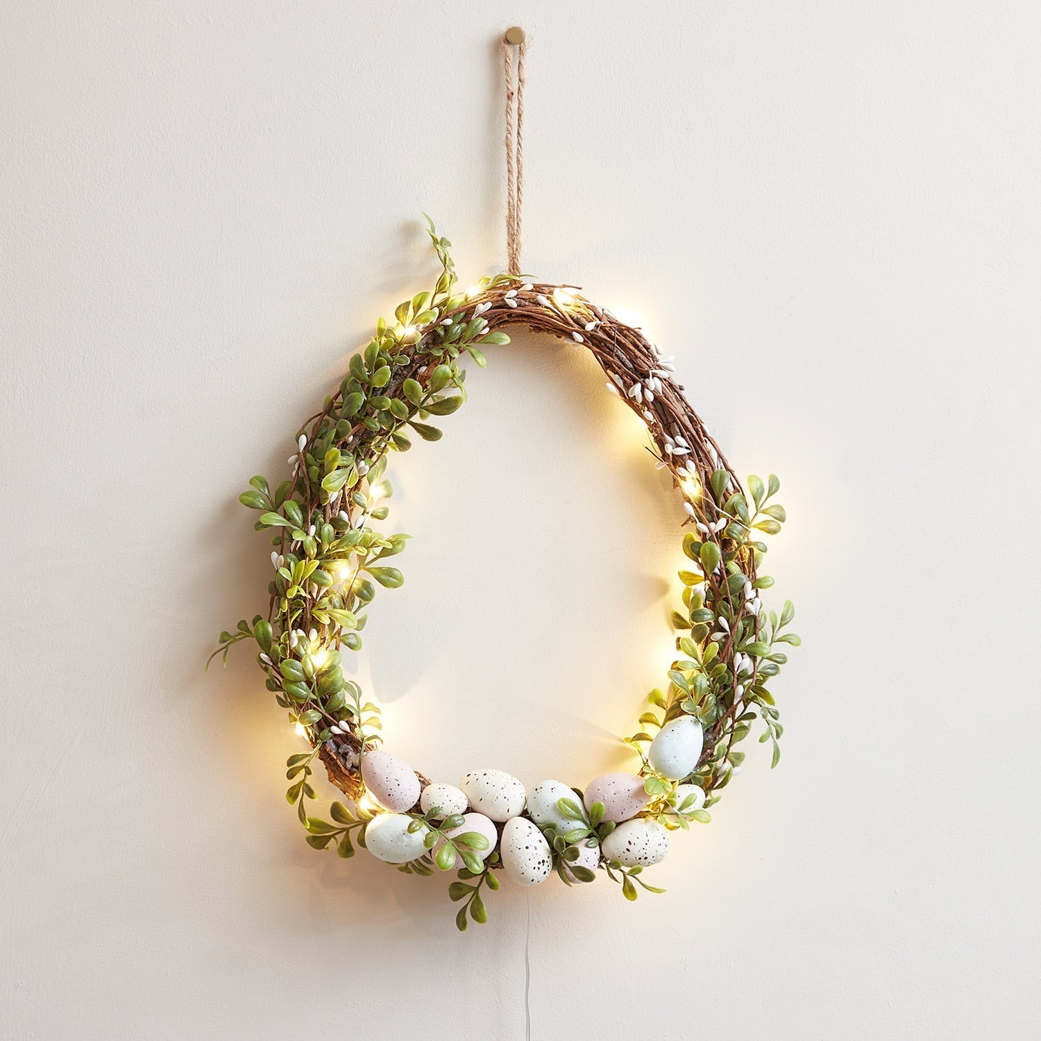 Easter Wreaths | Egg-Shaped Door Wreath with Fairy Lights | Whimsical Decor for Front Door