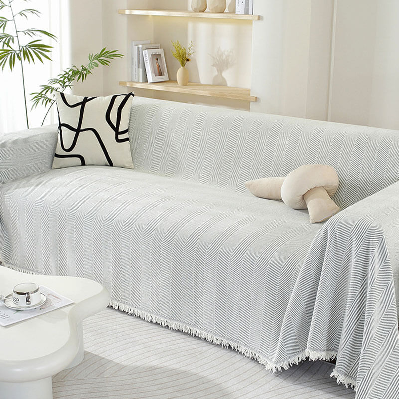 Elegant Chenille Sofa Cover | Soft Herringbone Design with Tassels | Stylish Protection for Your Furniture
