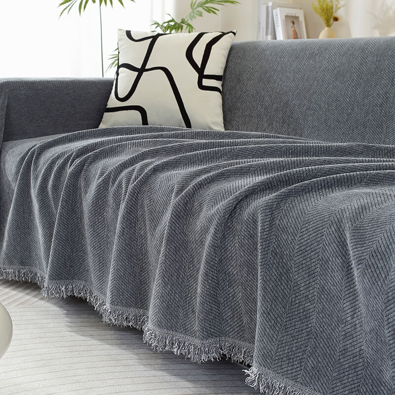 Elegant Chenille Sofa Cover | Soft Herringbone Design with Tassels | Stylish Protection for Your Furniture