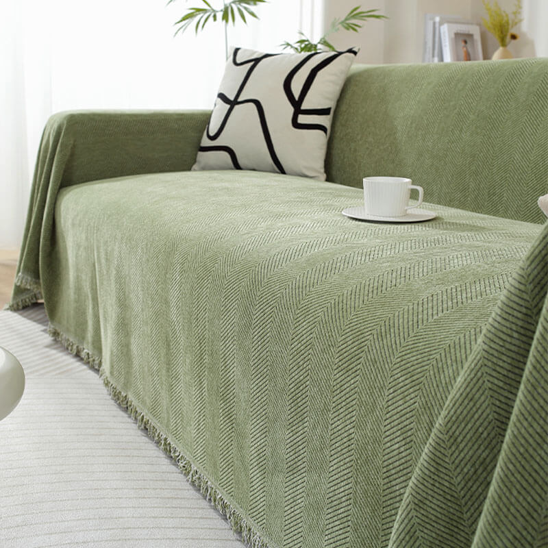 Elegant Chenille Sofa Cover | Soft Herringbone Design with Tassels | Stylish Protection for Your Furniture