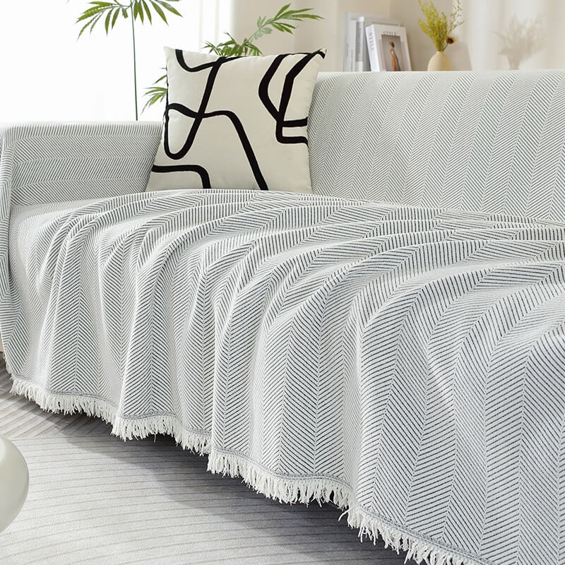 Elegant Chenille Sofa Cover | Soft Herringbone Design with Tassels | Stylish Protection for Your Furniture
