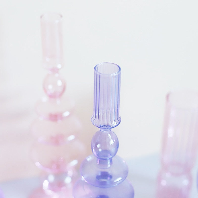 Elegant Glass Candle Holders | Lilac & Pink Taper Holders for Stylish Home Decor