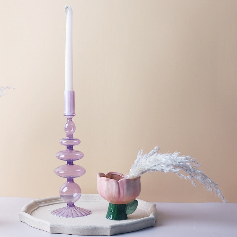 Elegant Glass Candle Holders | Lilac & Pink Taper Holders for Stylish Home Decor