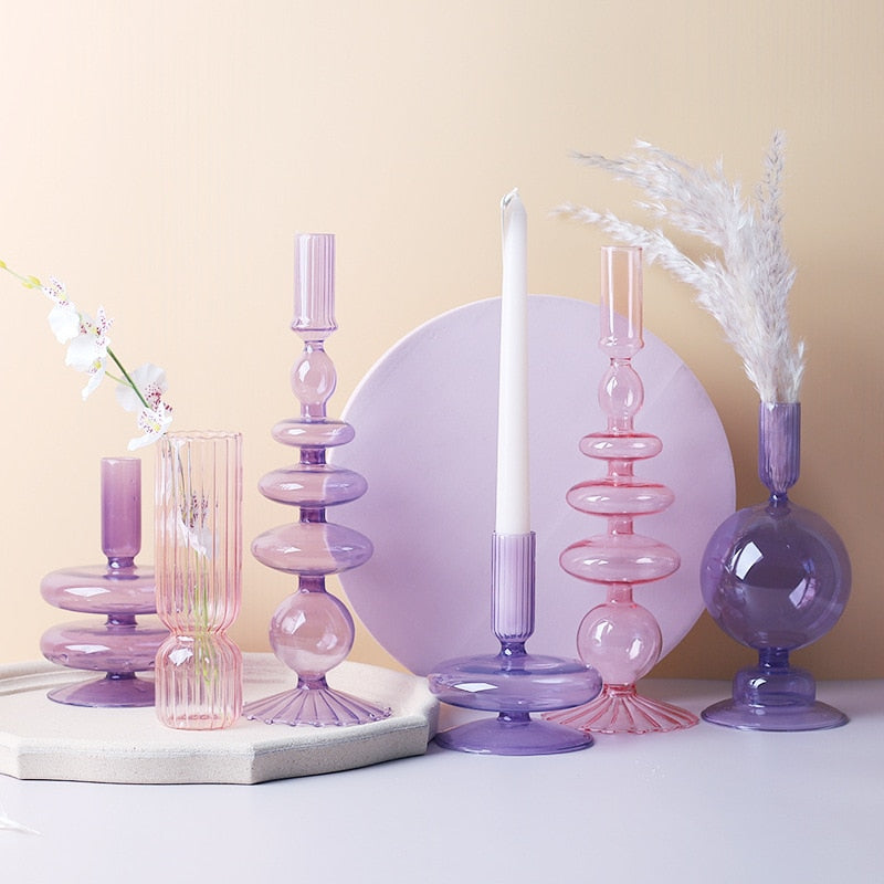 Elegant Glass Candle Holders | Lilac & Pink Taper Holders for Stylish Home Decor