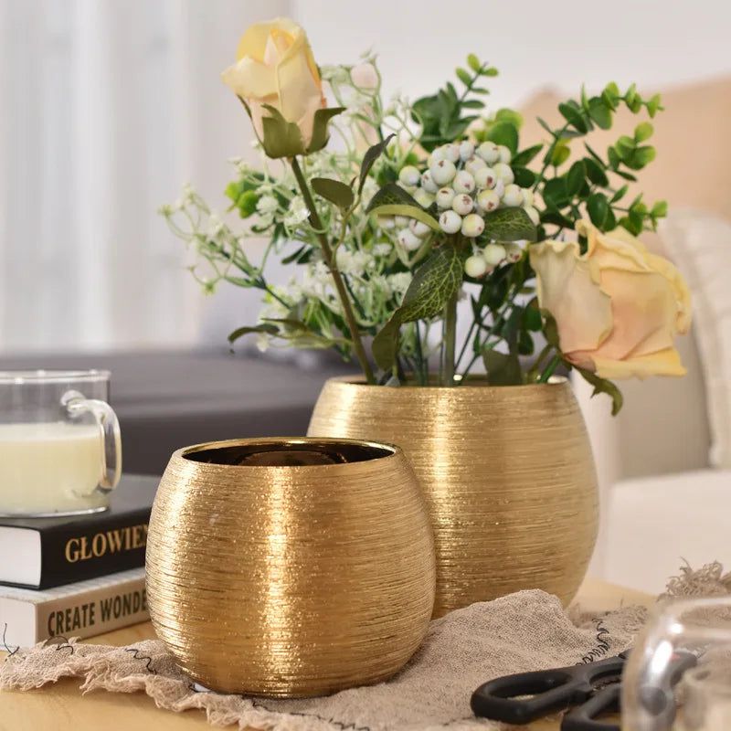 Elegant Gold-Coated Flower Pot | Textured Ceramic Planter for Stylish Indoor Decor