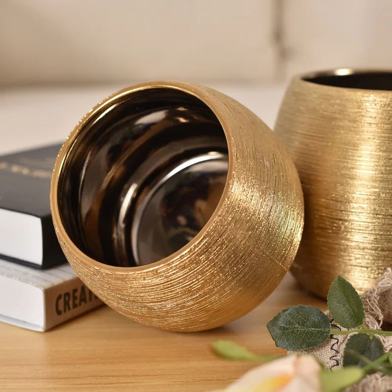 Elegant Gold-Coated Flower Pot | Textured Ceramic Planter for Stylish Indoor Decor