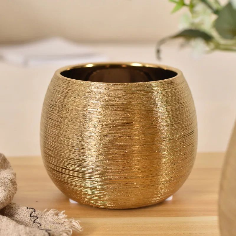 Elegant Gold-Coated Flower Pot | Textured Ceramic Planter for Stylish Indoor Decor