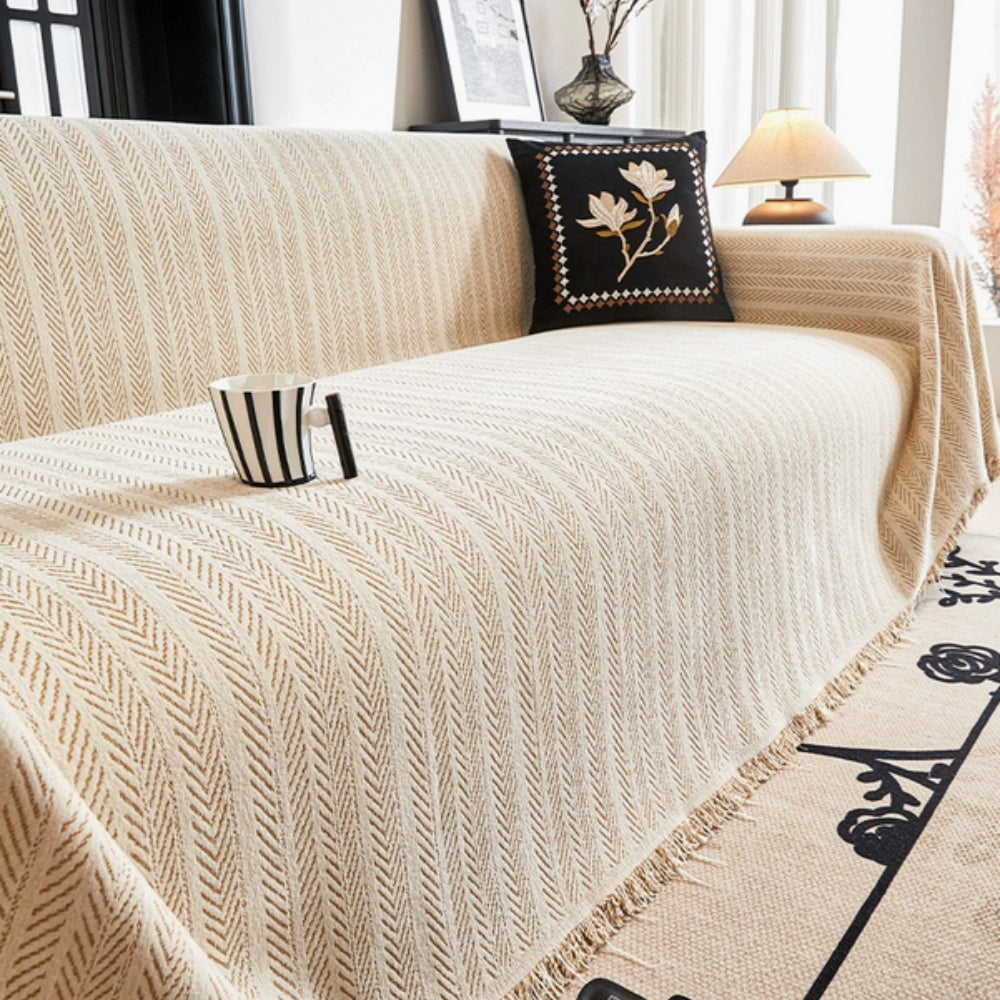 Elegant Herringbone Chenille Sofa Cover with Tassel Details | Stylish Protection for Home Décor
