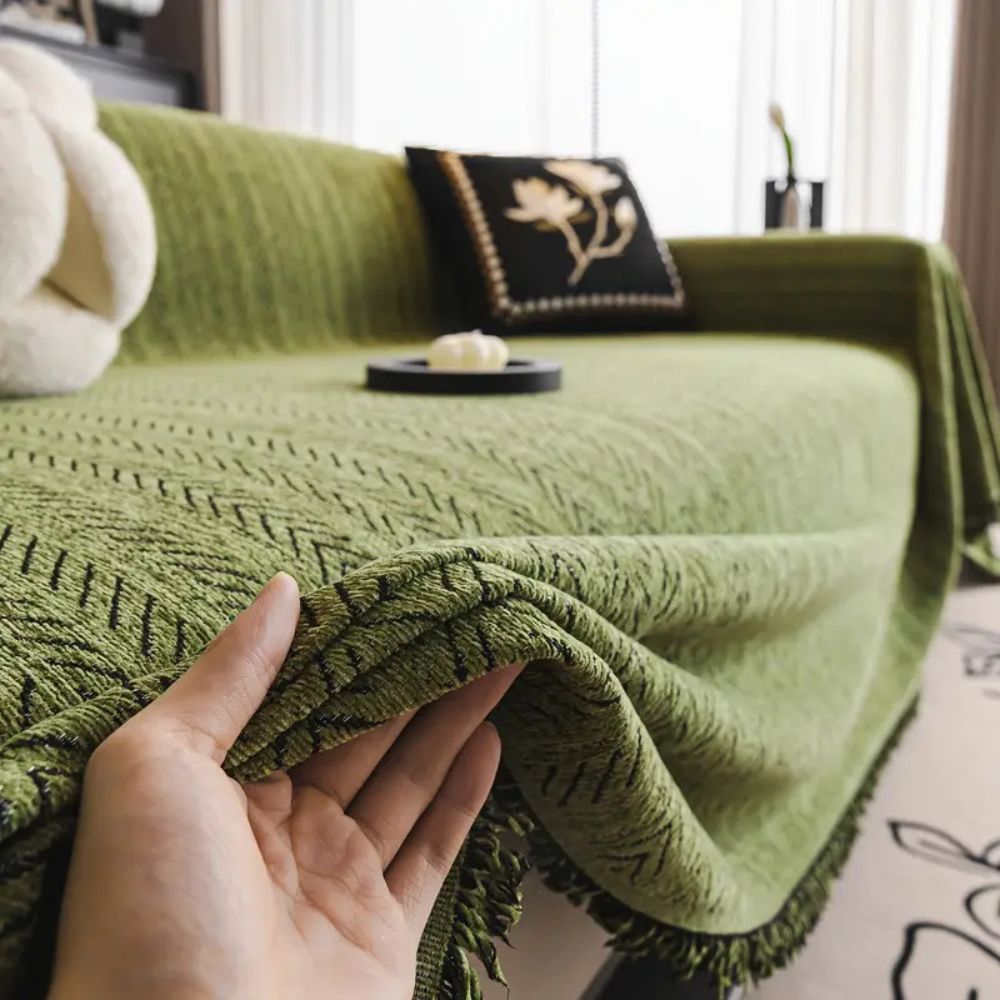Elegant Herringbone Chenille Sofa Cover with Tassel Details | Stylish Protection for Home Décor