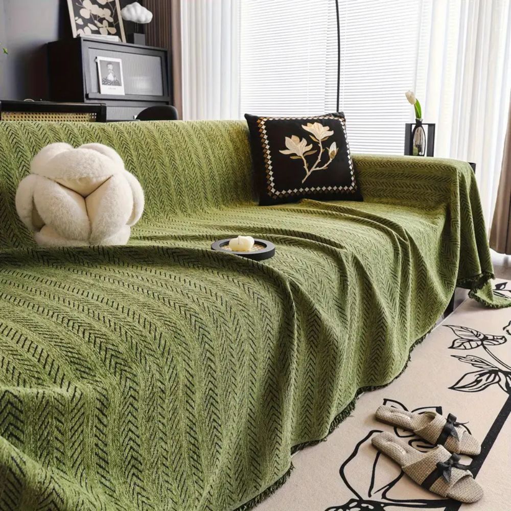 Elegant Herringbone Chenille Sofa Cover with Tassel Details | Stylish Protection for Home Décor
