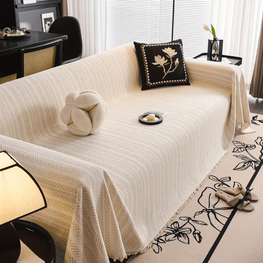 Elegant Herringbone Chenille Sofa Cover with Tassel Details | Stylish Protection for Home Décor