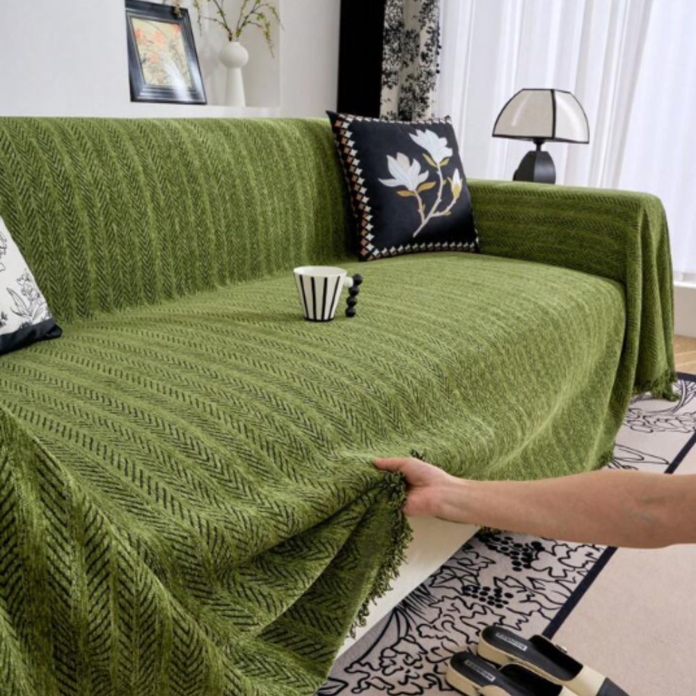 Elegant Herringbone Chenille Sofa Cover with Tassel Details | Stylish Protection for Home Décor
