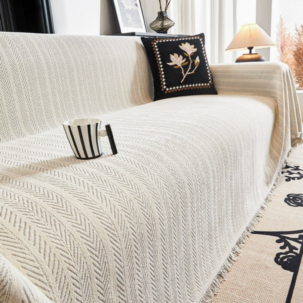 Elegant Herringbone Chenille Sofa Cover with Tassel Details | Stylish Protection for Home Décor