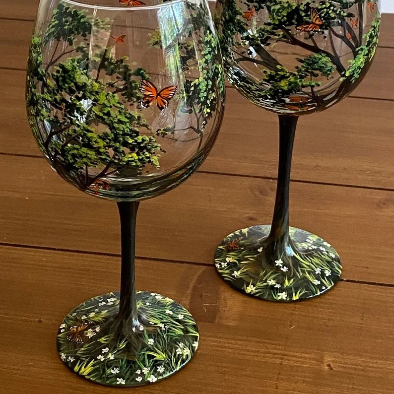 Hand Painted Wine Glasses | Four Seasons Tree Design for Seasonal Elegance