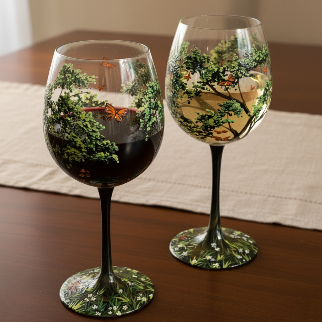 Hand Painted Wine Glasses | Four Seasons Tree Design for Seasonal Elegance