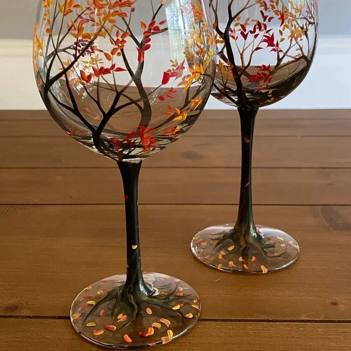 Hand Painted Wine Glasses | Four Seasons Tree Design for Seasonal Elegance