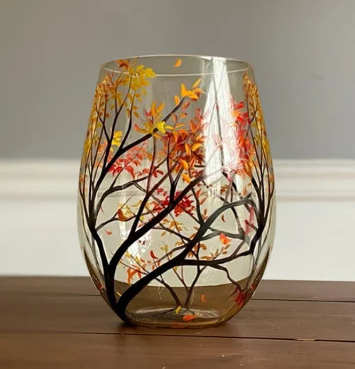 Hand Painted Wine Glasses | Four Seasons Tree Design for Seasonal Elegance