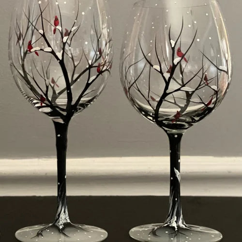Hand Painted Wine Glasses | Four Seasons Tree Design for Seasonal Elegance