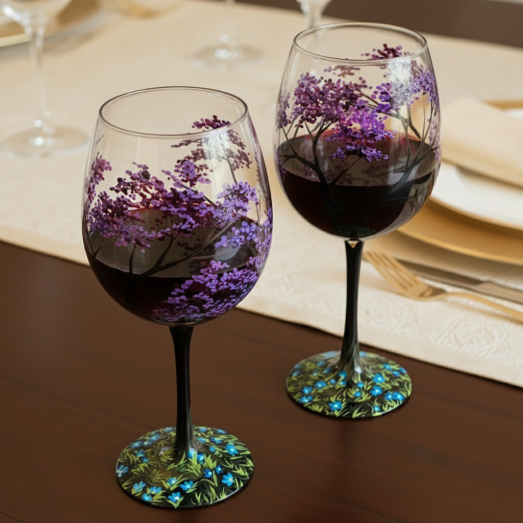 Hand Painted Wine Glasses | Four Seasons Tree Design for Seasonal Elegance