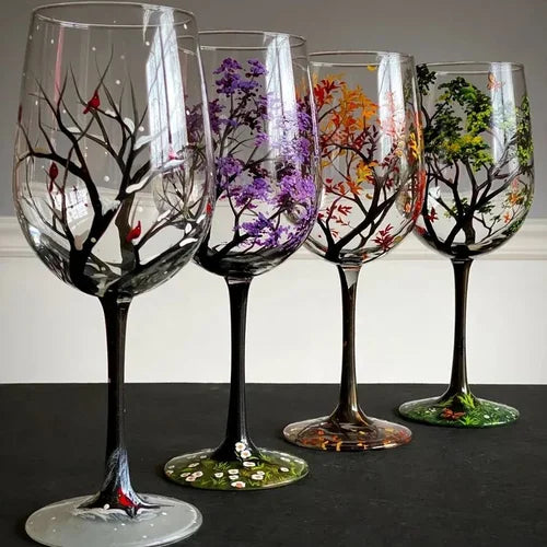 Hand Painted Wine Glasses | Four Seasons Tree Design for Seasonal Elegance