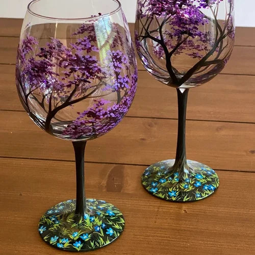 Hand Painted Wine Glasses | Four Seasons Tree Design for Seasonal Elegance