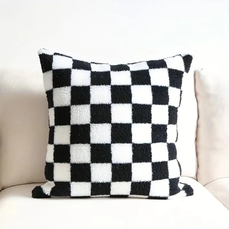 Luxurious Faux Fur Pillowcase | Checkerboard Design for Cozy Elegance