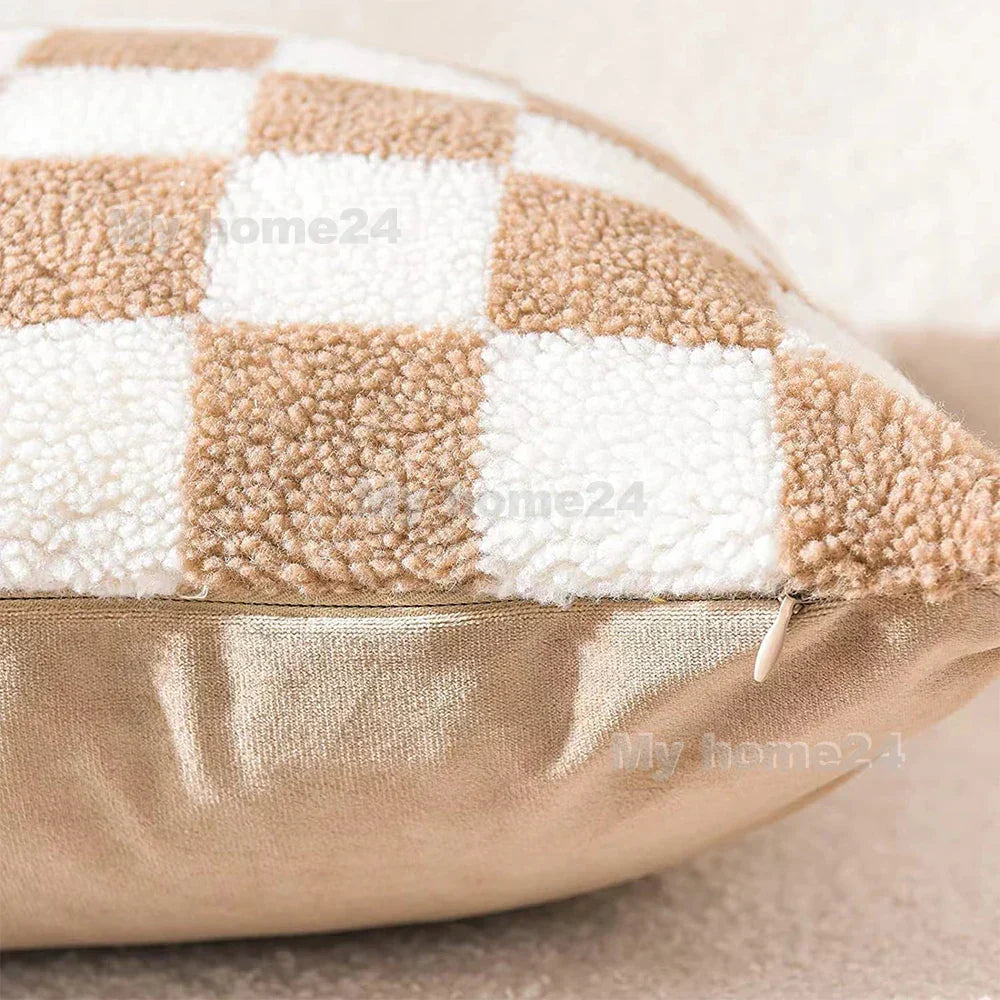 Luxurious Faux Fur Pillowcase | Checkerboard Design for Cozy Elegance
