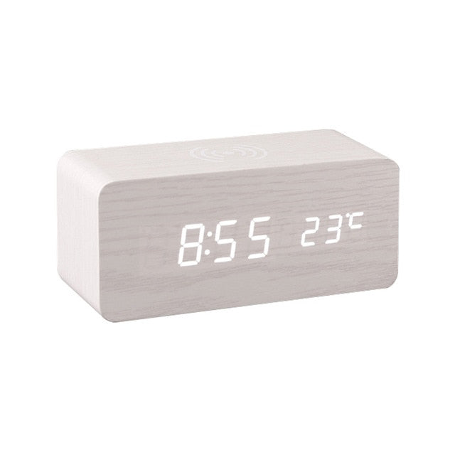Modern Wood Digital Alarm Clock with Wireless Charging & Adjustable LED Display for Effortless Time Management