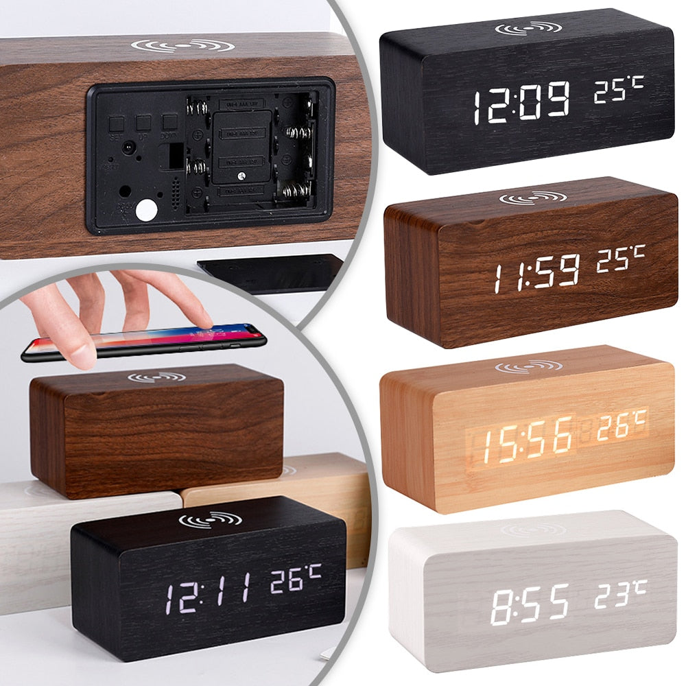 Modern Wood Digital Alarm Clock with Wireless Charging & Adjustable LED Display for Effortless Time Management