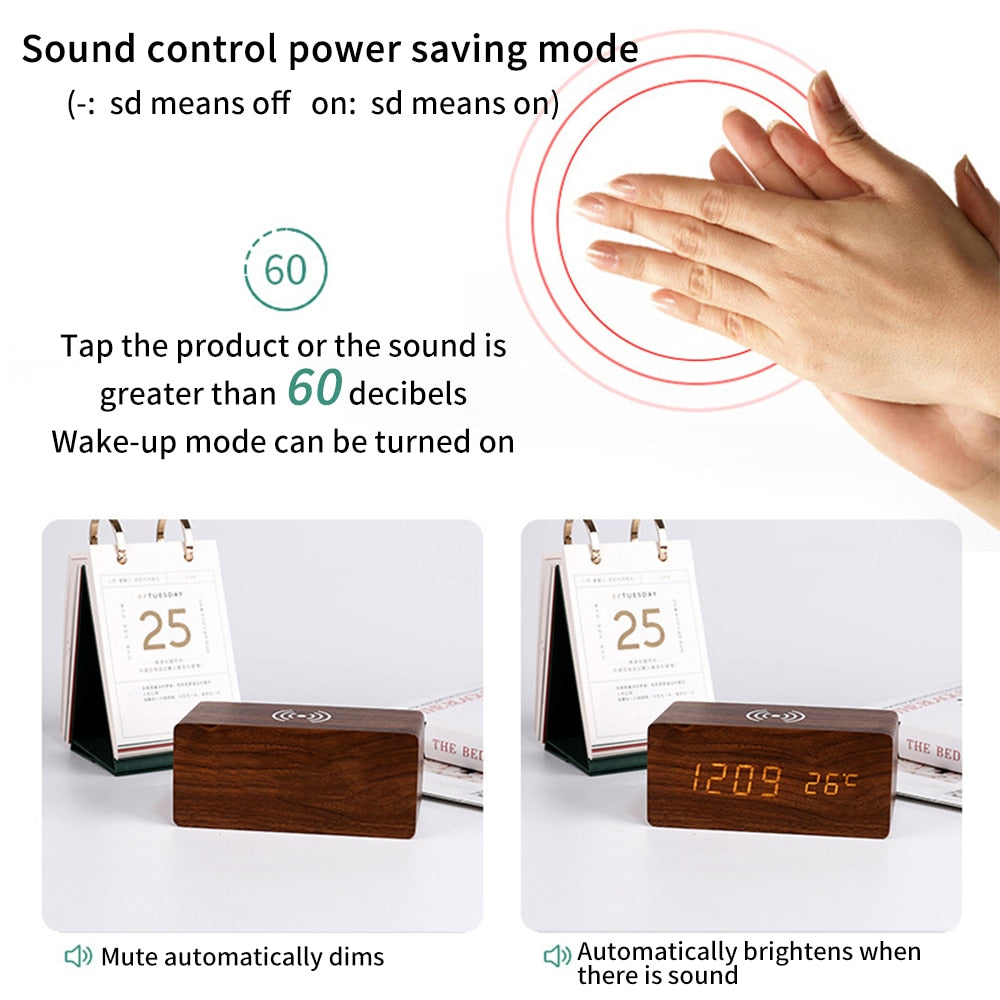 Modern Wood Digital Alarm Clock with Wireless Charging & Adjustable LED Display for Effortless Time Management