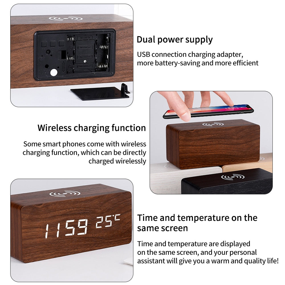Modern Wood Digital Alarm Clock with Wireless Charging & Adjustable LED Display for Effortless Time Management