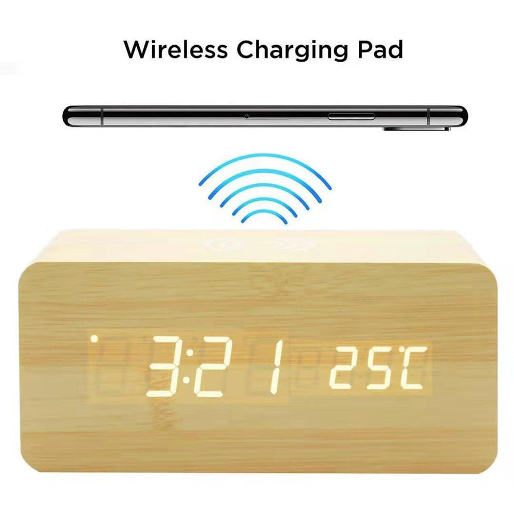 Modern Wood Digital Alarm Clock with Wireless Charging & Adjustable LED Display for Effortless Time Management