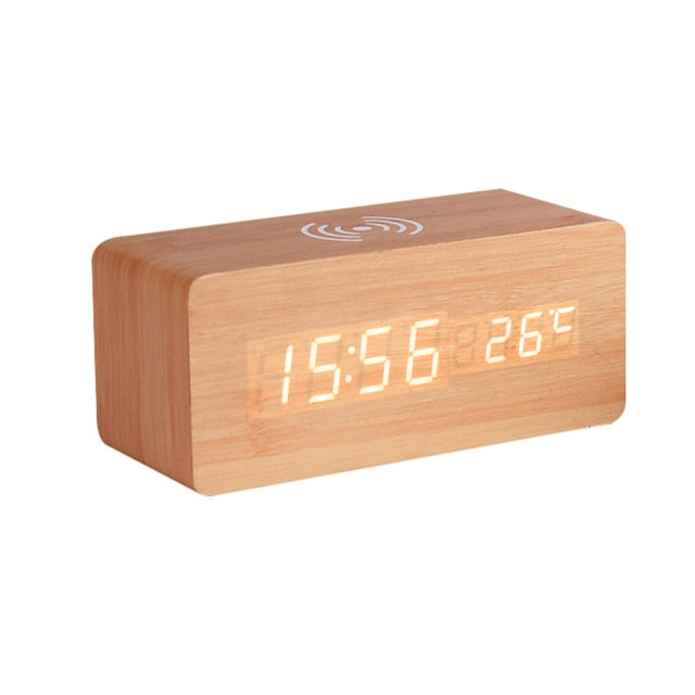 Modern Wood Digital Alarm Clock with Wireless Charging & Adjustable LED Display for Effortless Time Management