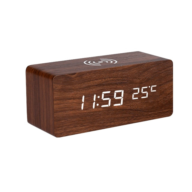 Modern Wood Digital Alarm Clock with Wireless Charging & Adjustable LED Display for Effortless Time Management