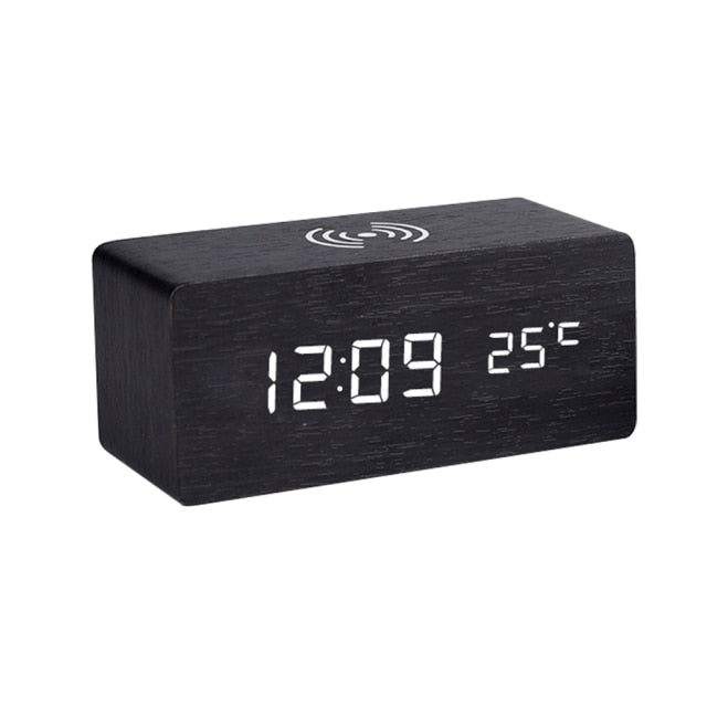 Modern Wood Digital Alarm Clock with Wireless Charging & Adjustable LED Display for Effortless Time Management