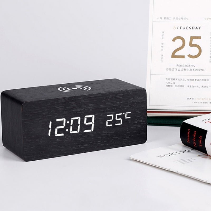 Modern Wood Digital Clock with Wireless Charging & Voice Control | Stylish Alarm Clock for Bedroom and Office