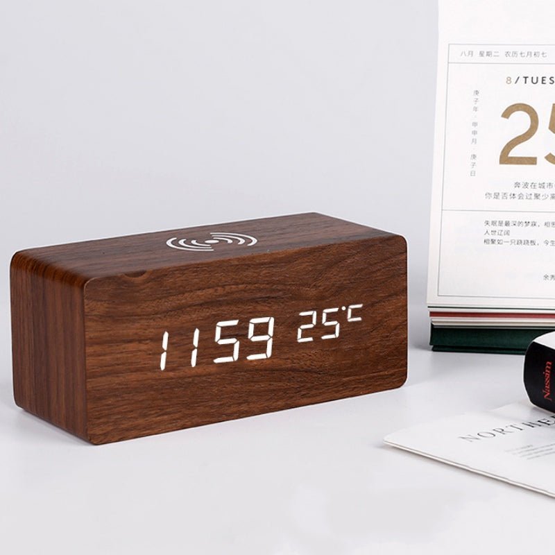Modern Wood Digital Clock with Wireless Charging & Voice Control | Stylish Alarm Clock for Bedroom and Office