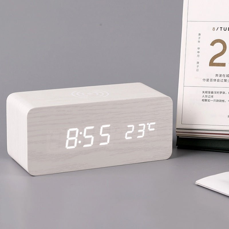 Modern Wood Digital Clock with Wireless Charging & Voice Control | Stylish Alarm Clock for Bedroom and Office