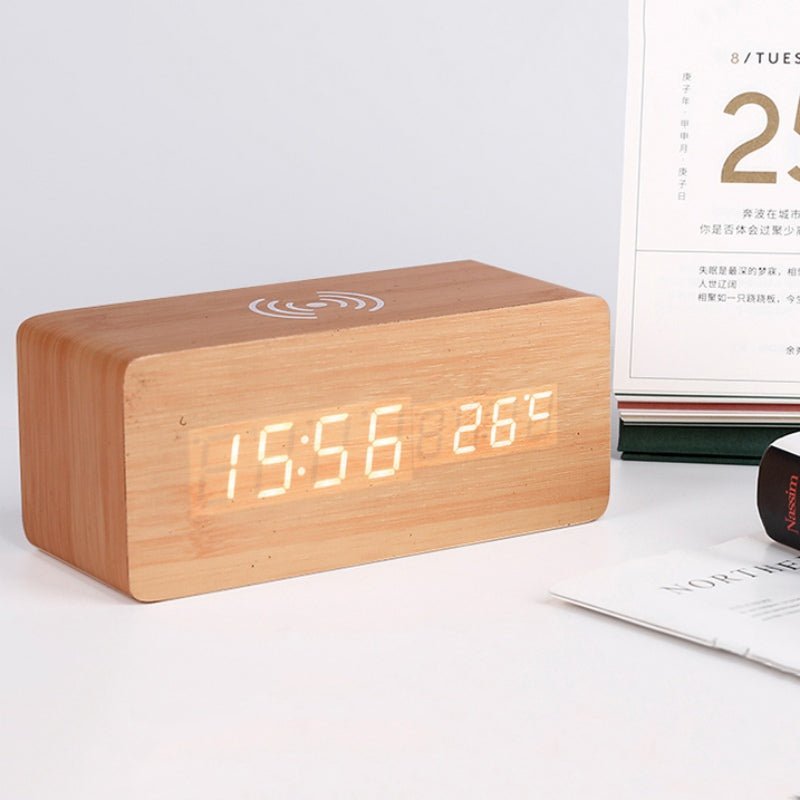 Modern Wood Digital Clock with Wireless Charging & Voice Control | Stylish Alarm Clock for Bedroom and Office