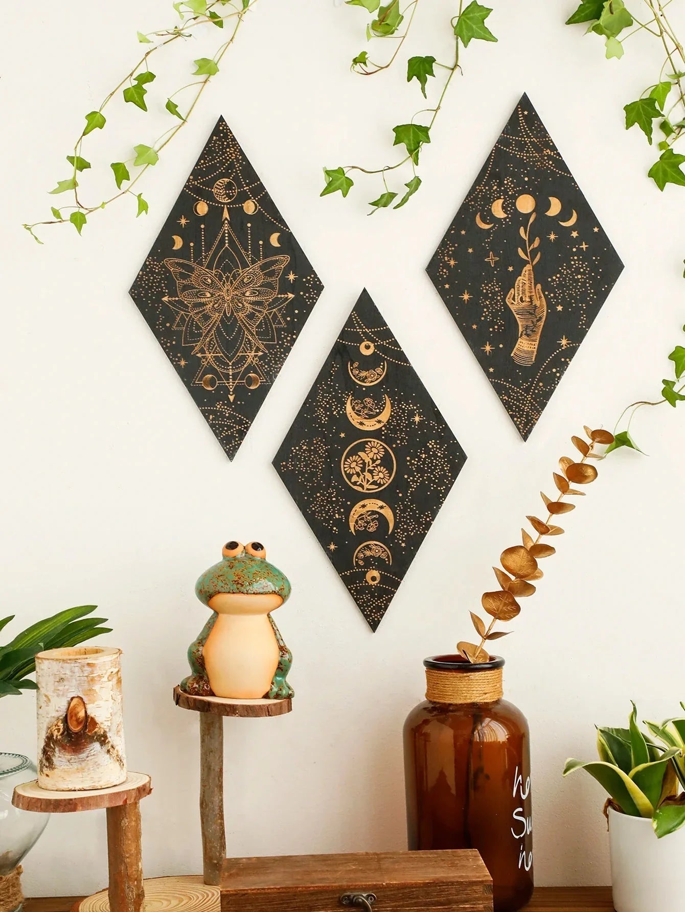 Moon Phases Wall Art | Black Wooden Decor with Premium Craftsmanship | Boho Aesthetic for Timeless Home Decoration